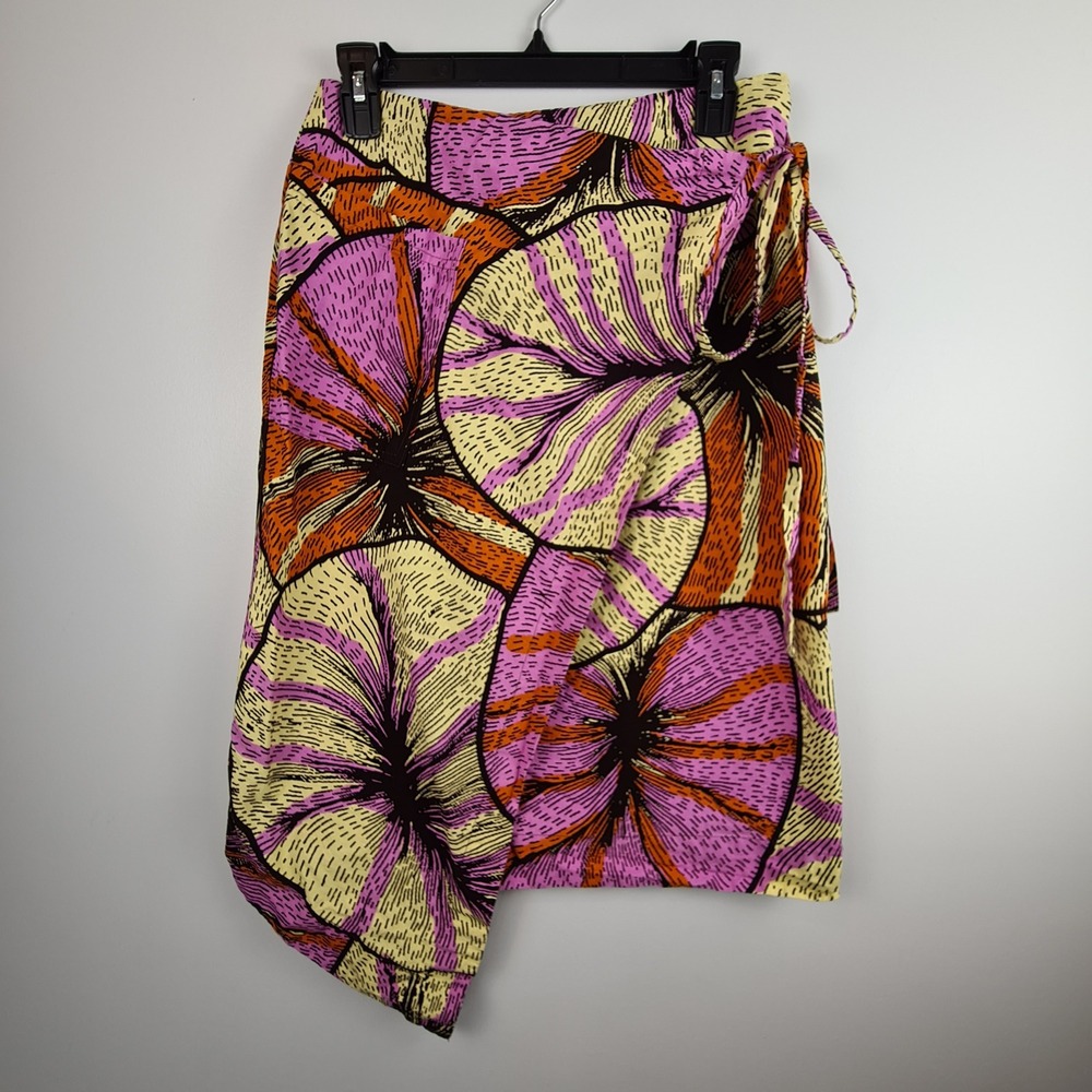 Yevu Made in Ghana Abstract Print Cotton Wrap Midi Skirt Pink Orange Medium